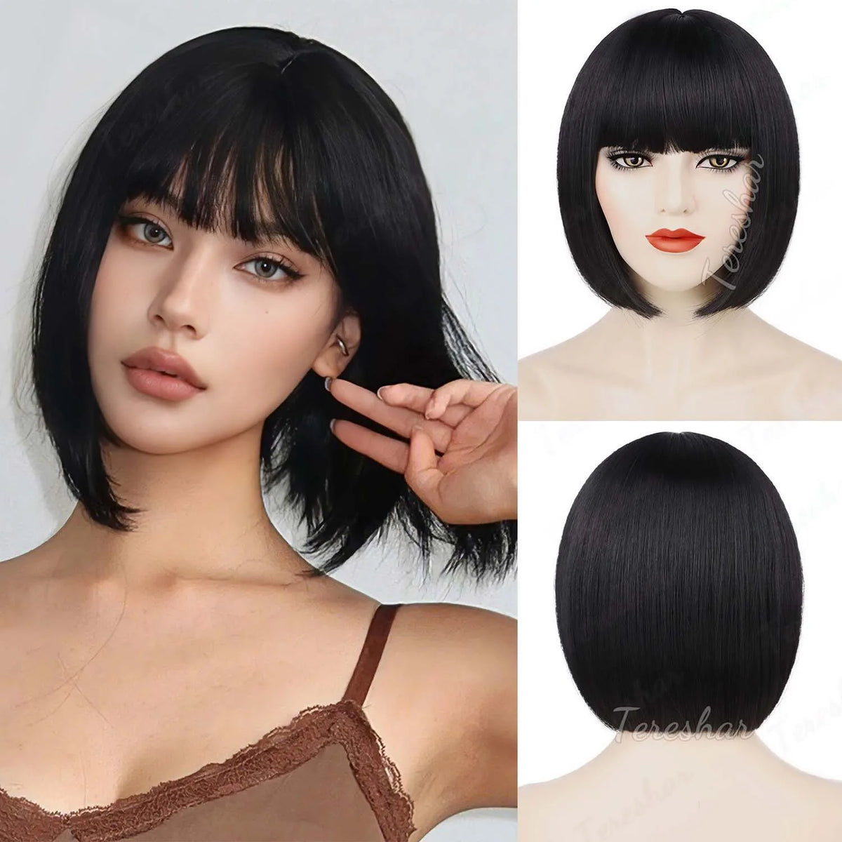 Short Straight Bob Synthetic Wig with Natural Bangs for Daily Wear