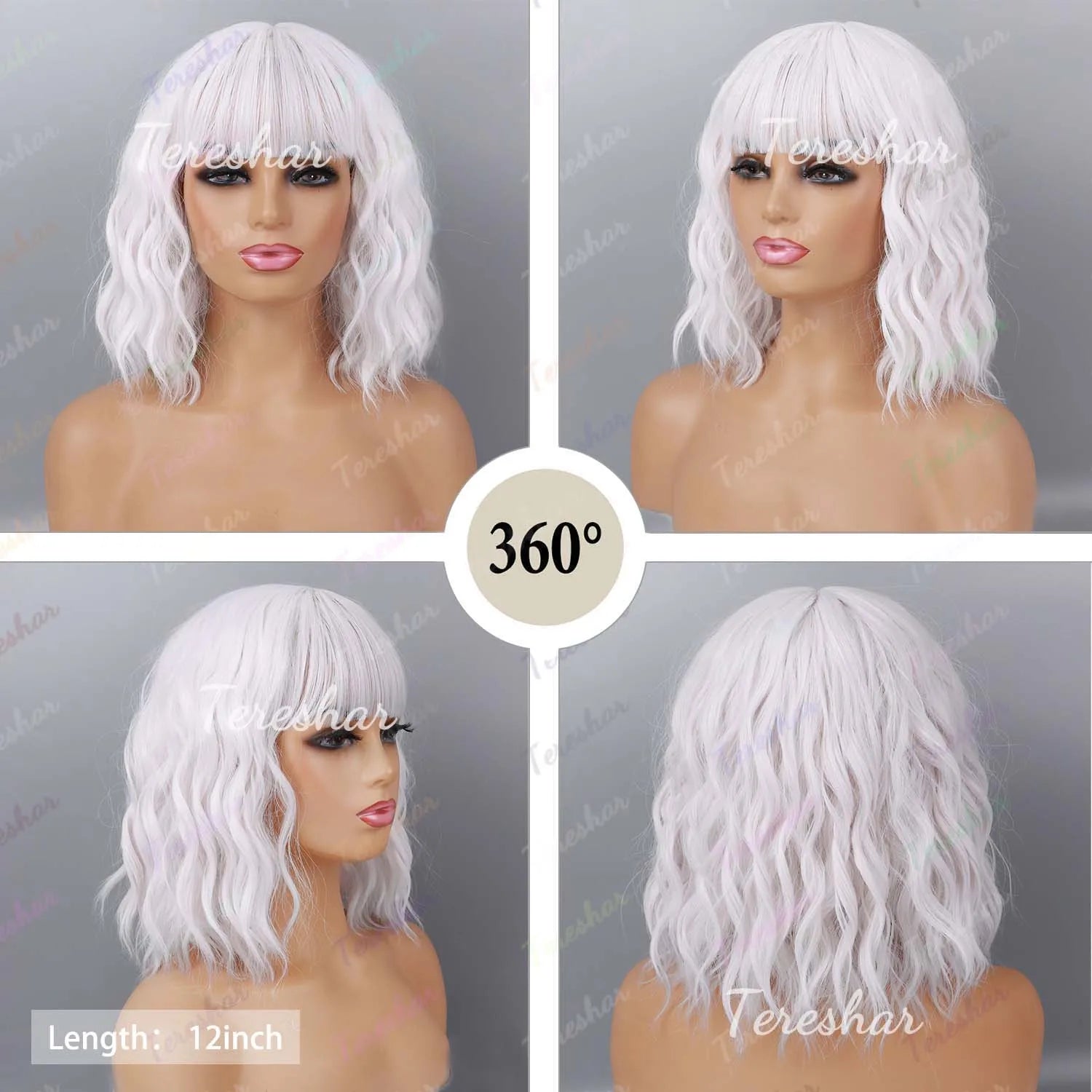 Short Wavy White Wig with Bangs for Cosplay and Daily Wear - 5