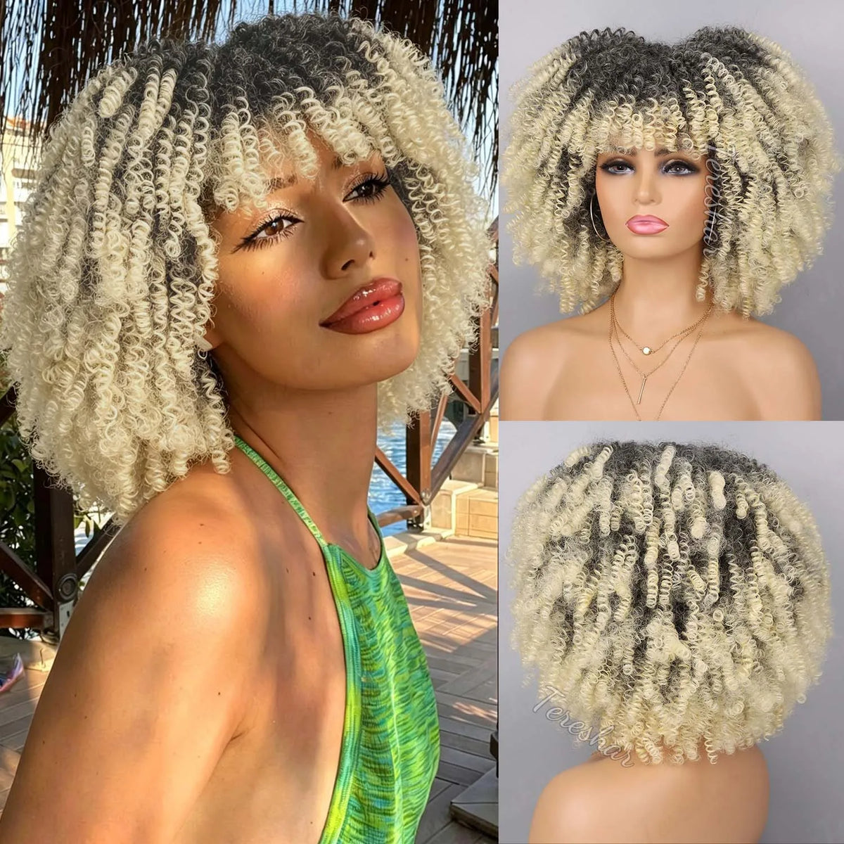 Short Curly Afro Wig with Bangs for Daily Wear