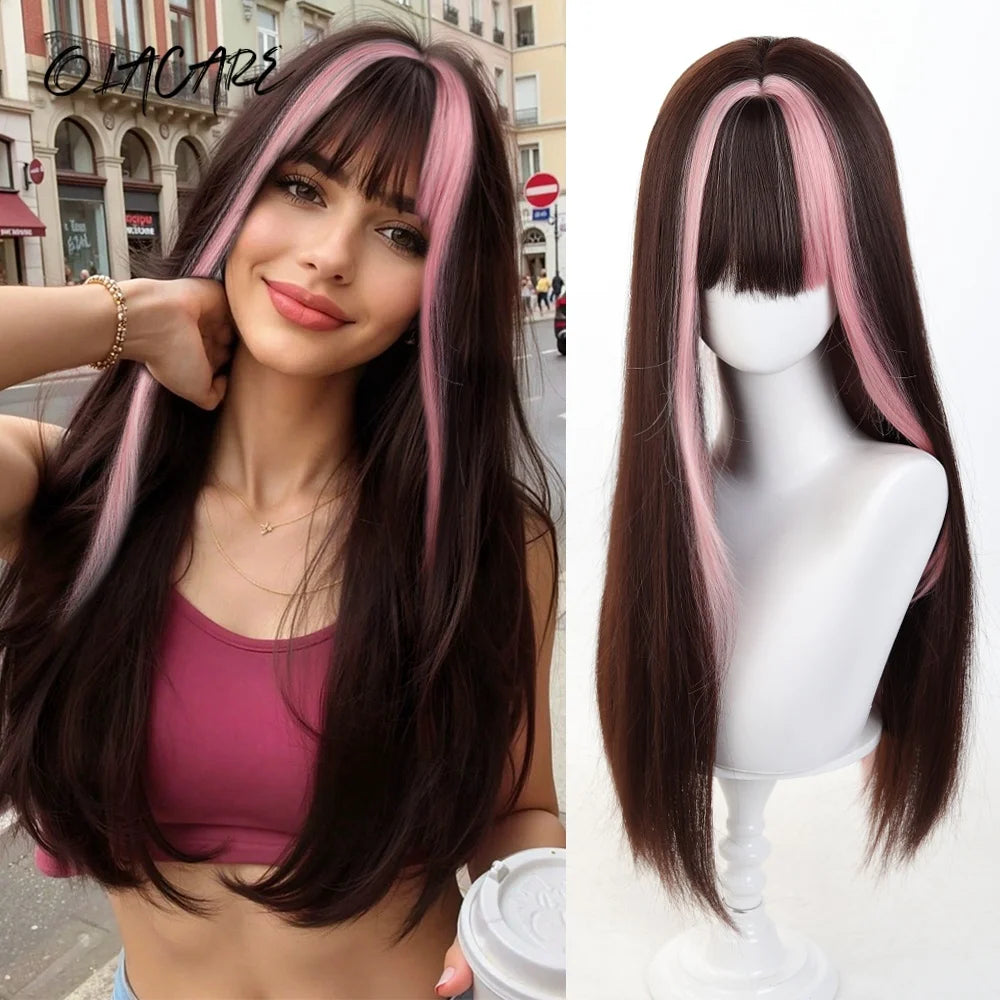 24 Inch Long Pink Cosplay Wig with Bangs