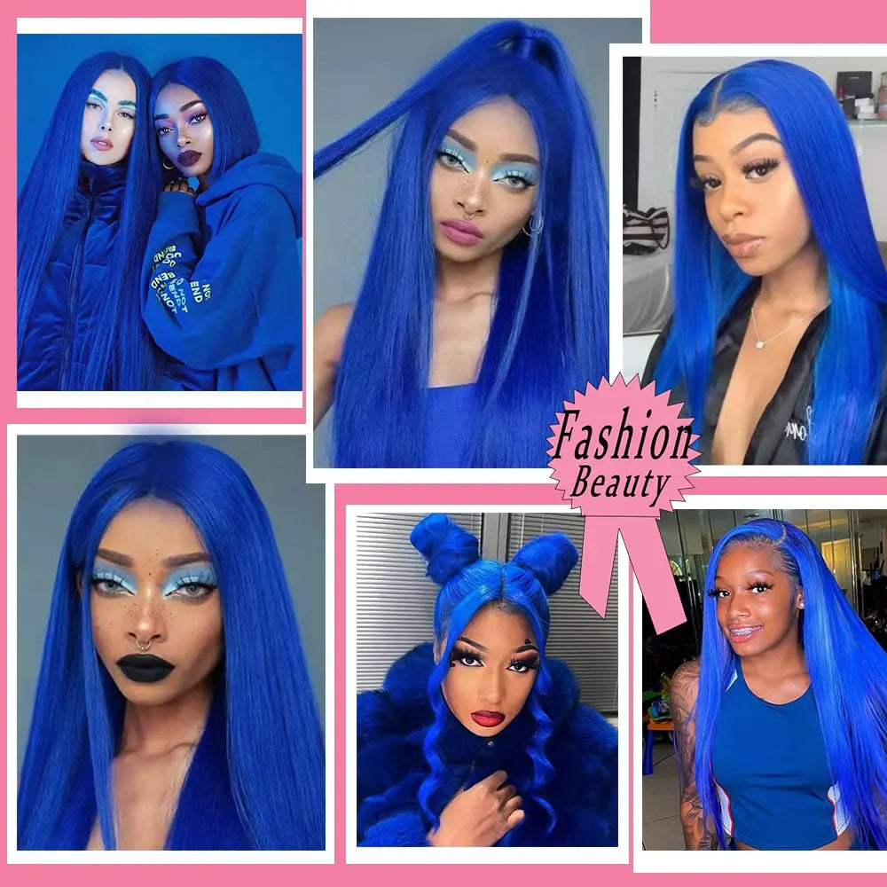Long Straight Blue Lace Front Wig for Women with Natural Hairline