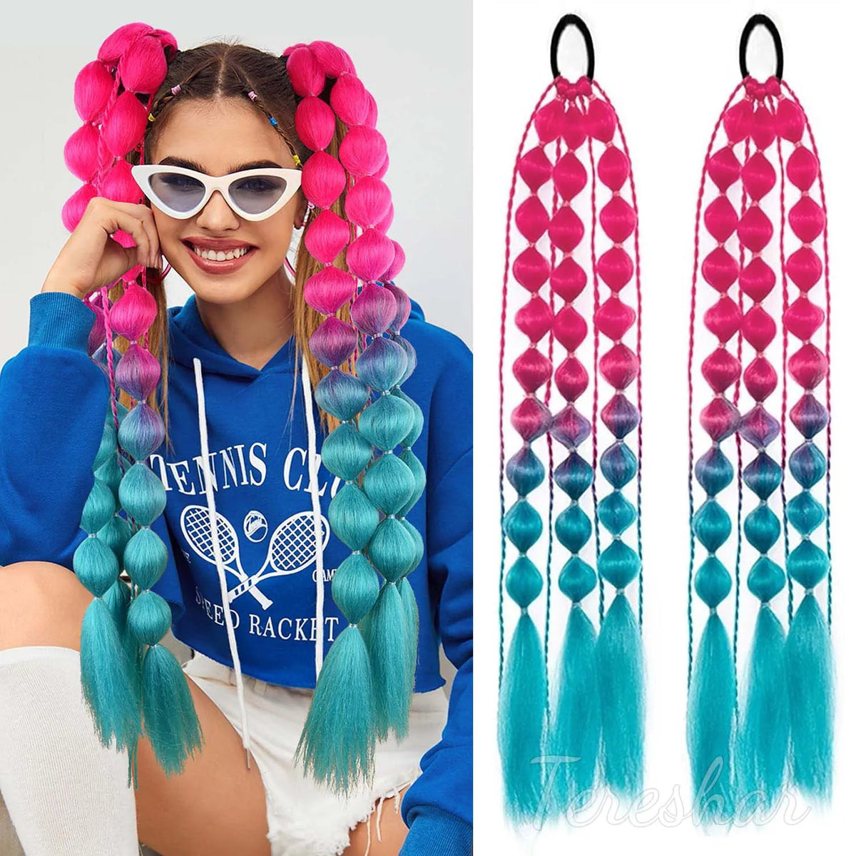2-Piece Colored Bubble Ponytail Extensions for Festivals and Parties