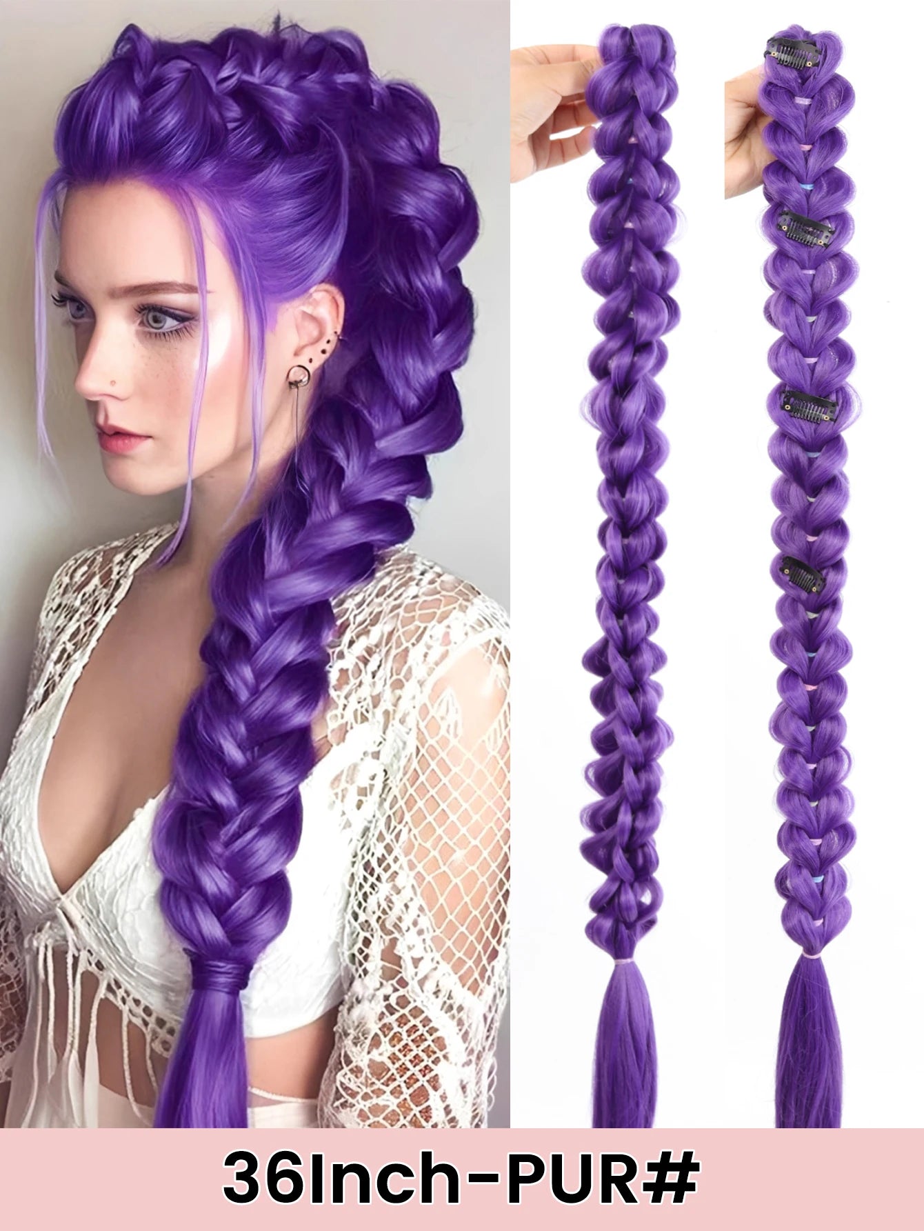 35-Inch Long Braided Purple Ponytail Extension for Costumes - 18