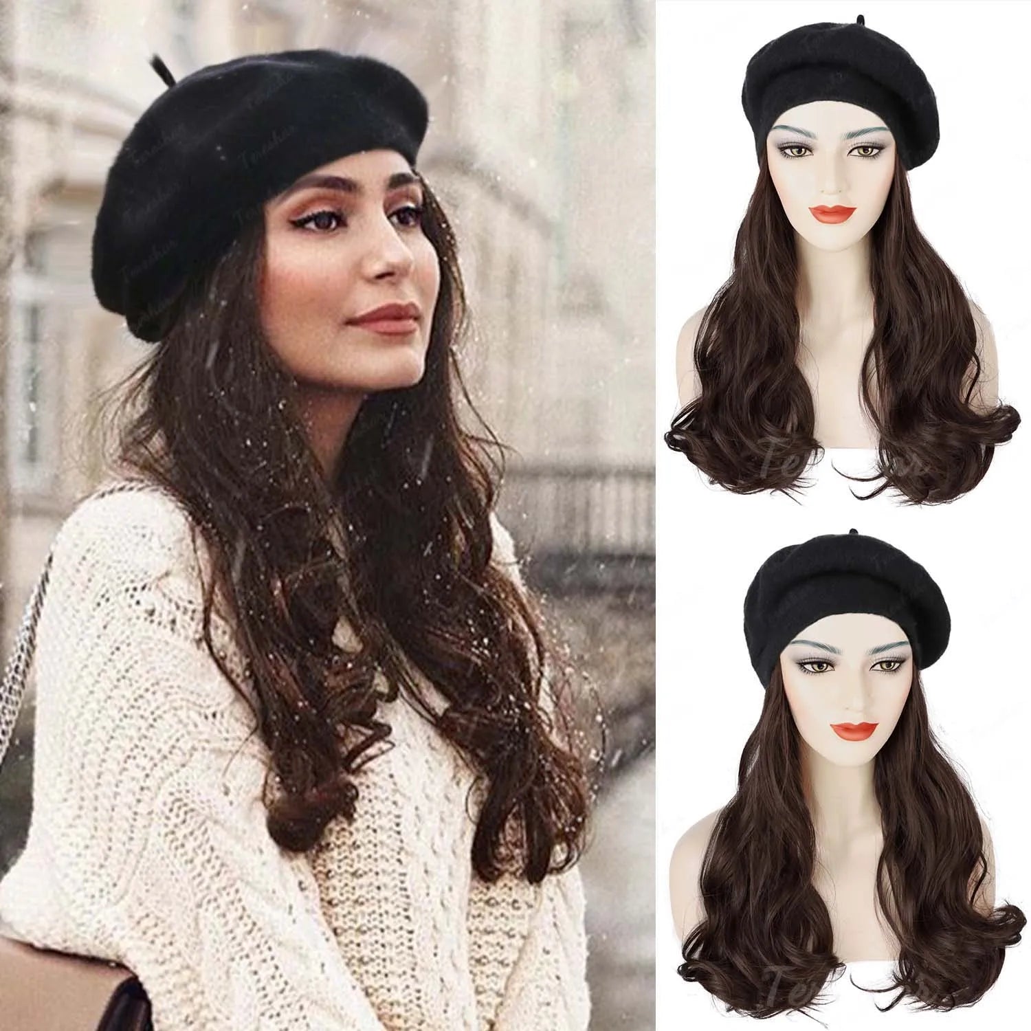Long Curly Hair Extension Beret Hat for Women - 7