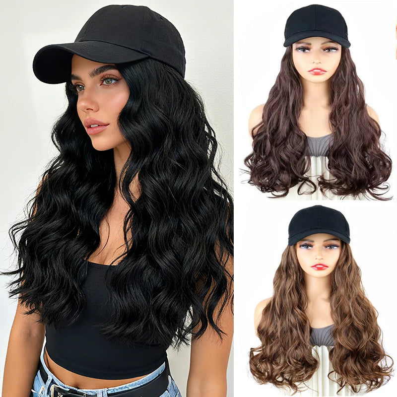 Long Curly Hair Wig with Integrated Baseball Cap for Easy Styling
