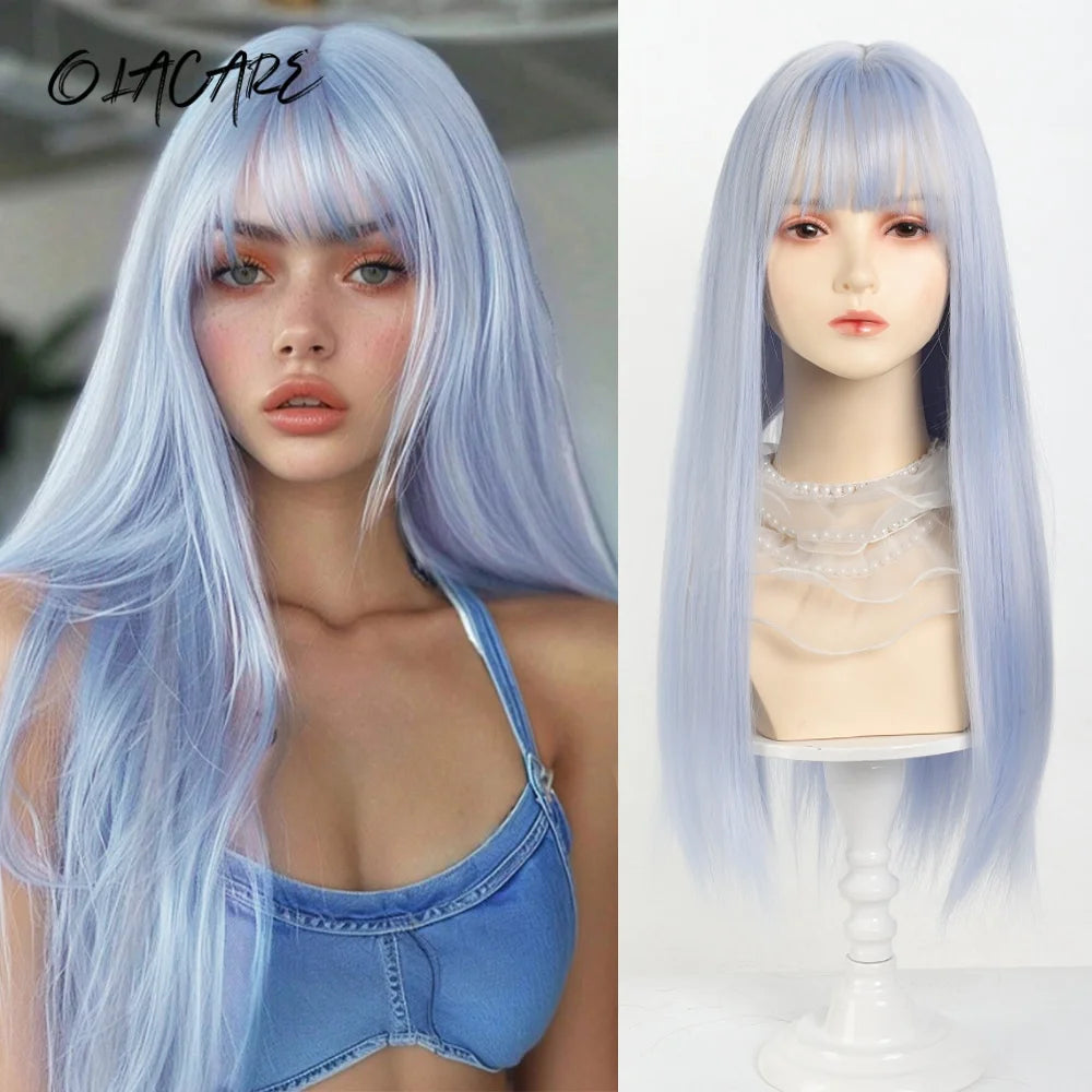 24 Inch Long Pink Cosplay Wig with Bangs