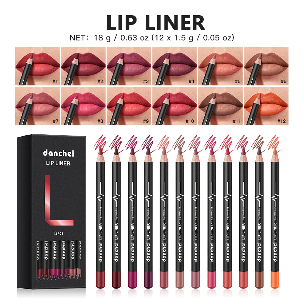 Professional 12-Color Semi-Matte Waterproof Lip Liner Pencil Set