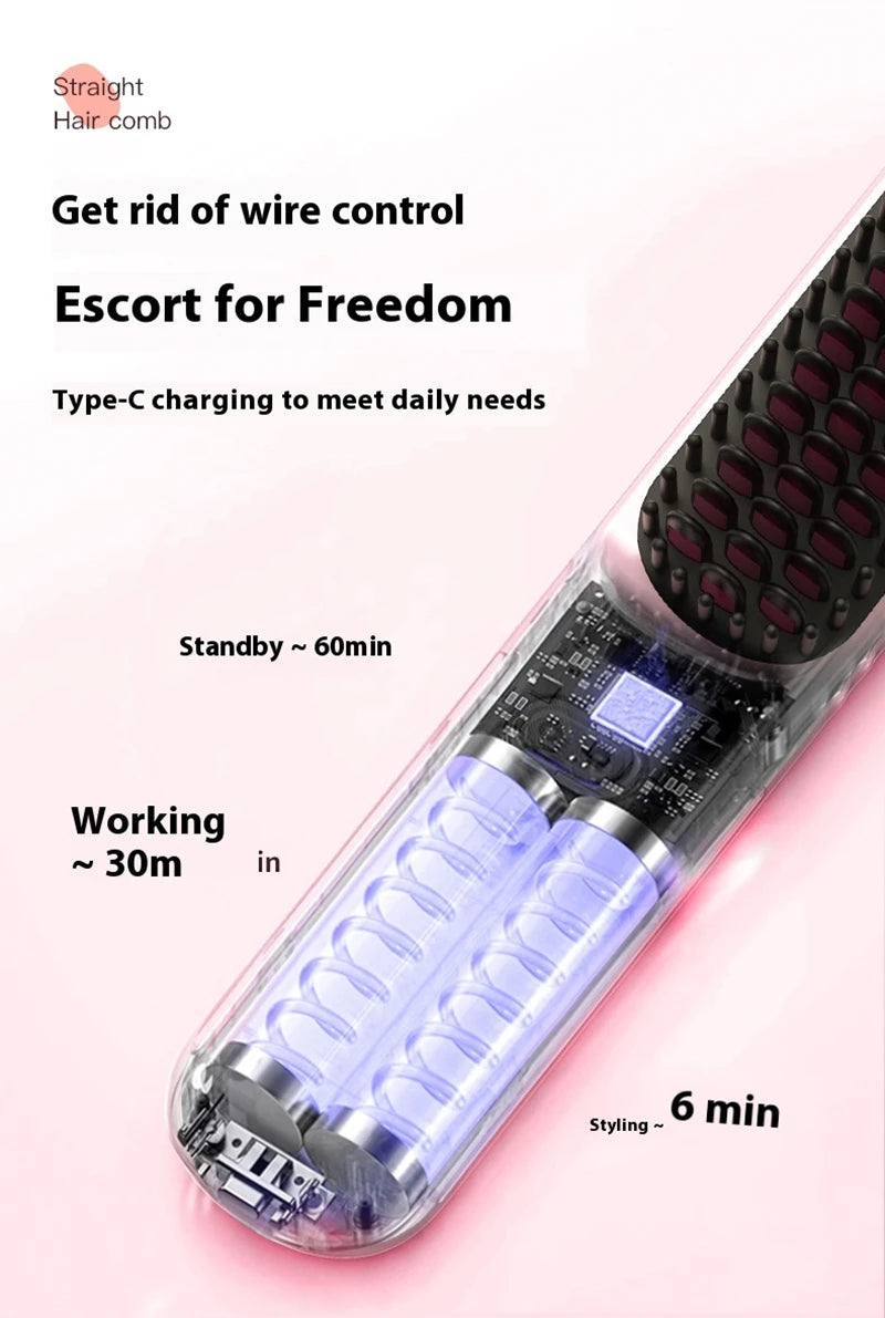 Fast Heating Cordless Hair Straightening Brush for Smooth Frizz-Free Hair