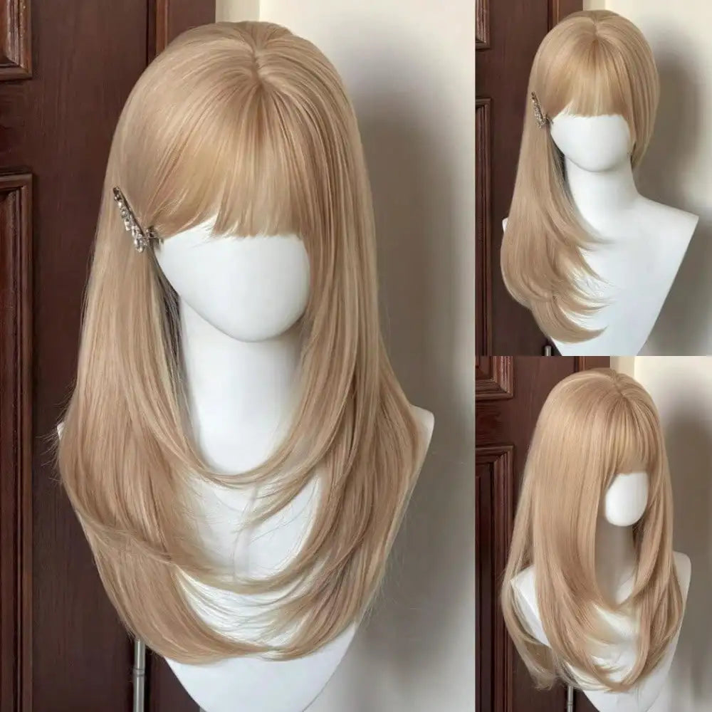 Long Straight Blonde Layered Wig with Bangs