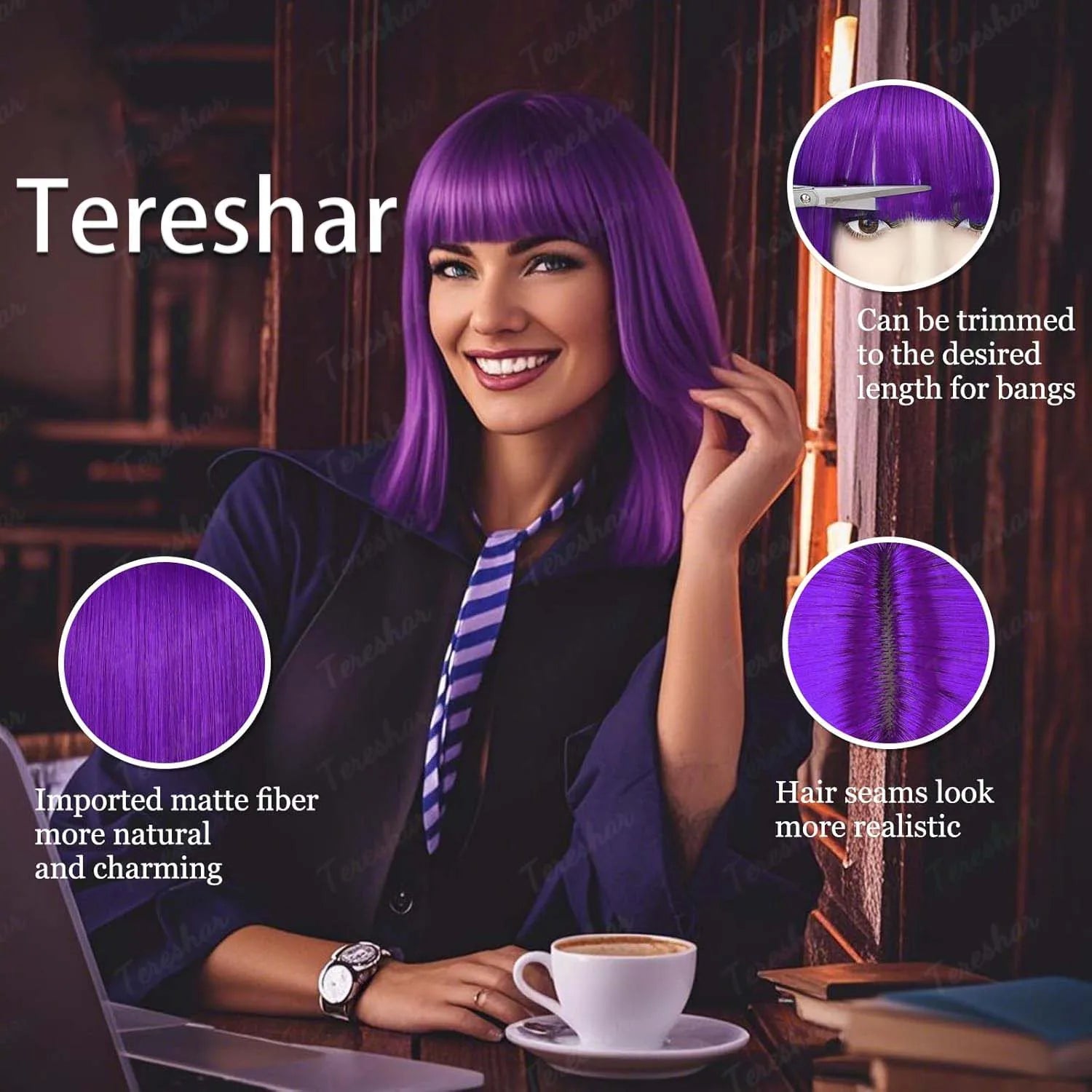 Heat Resistant Synthetic Straight Bob Wig with Bangs for Women - 6