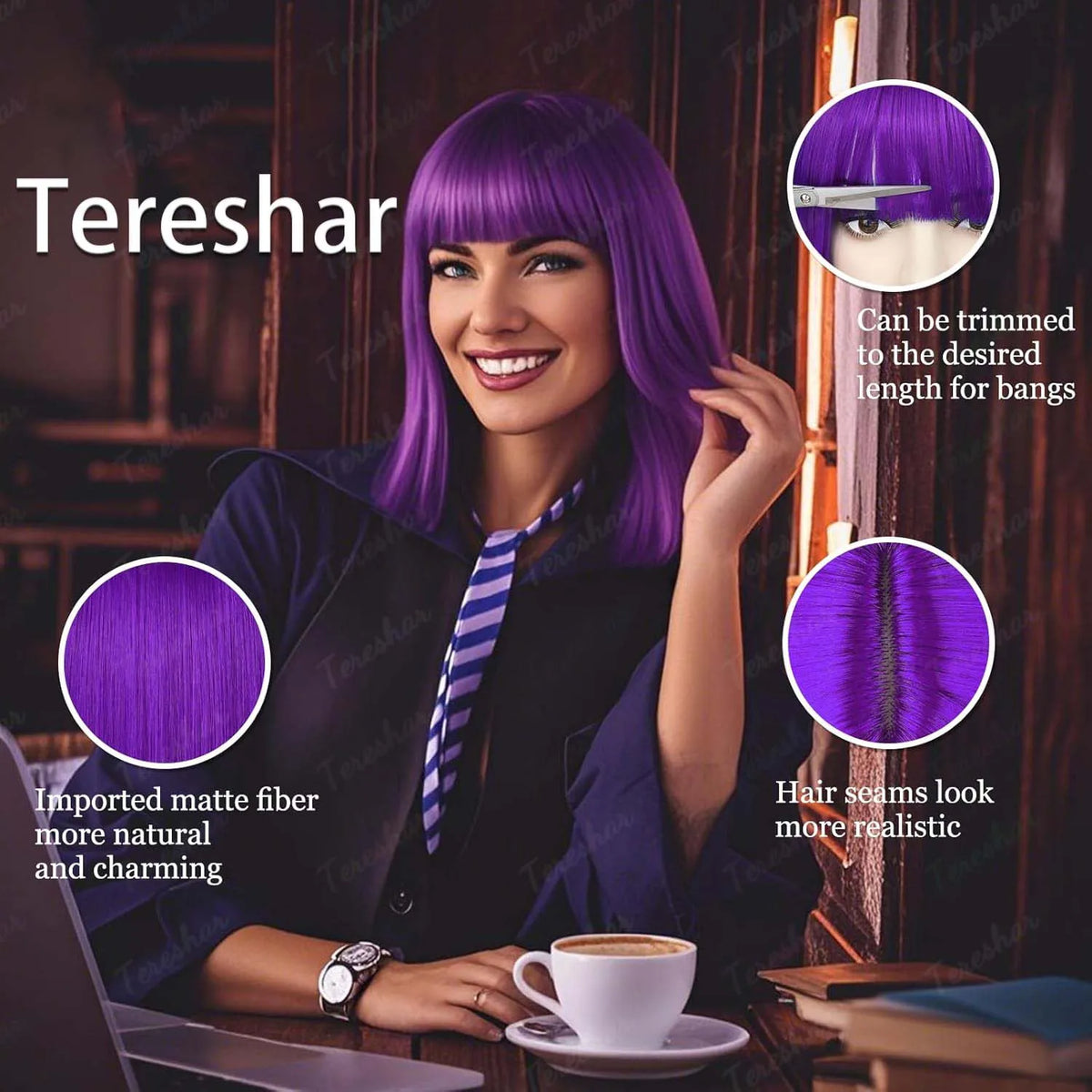 Heat Resistant Synthetic Straight Bob Wig with Bangs for Women