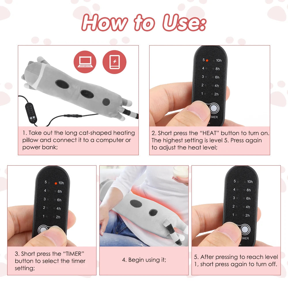 USB Heated Cat Plush Pillow with 5 Heat Settings and Timer for Comfort