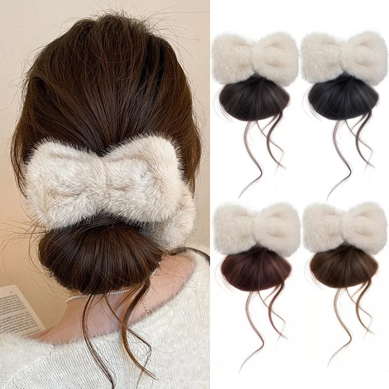 Fluffy Plush Bow Synthetic Hair Bun Extension Clip for Effortless Styling