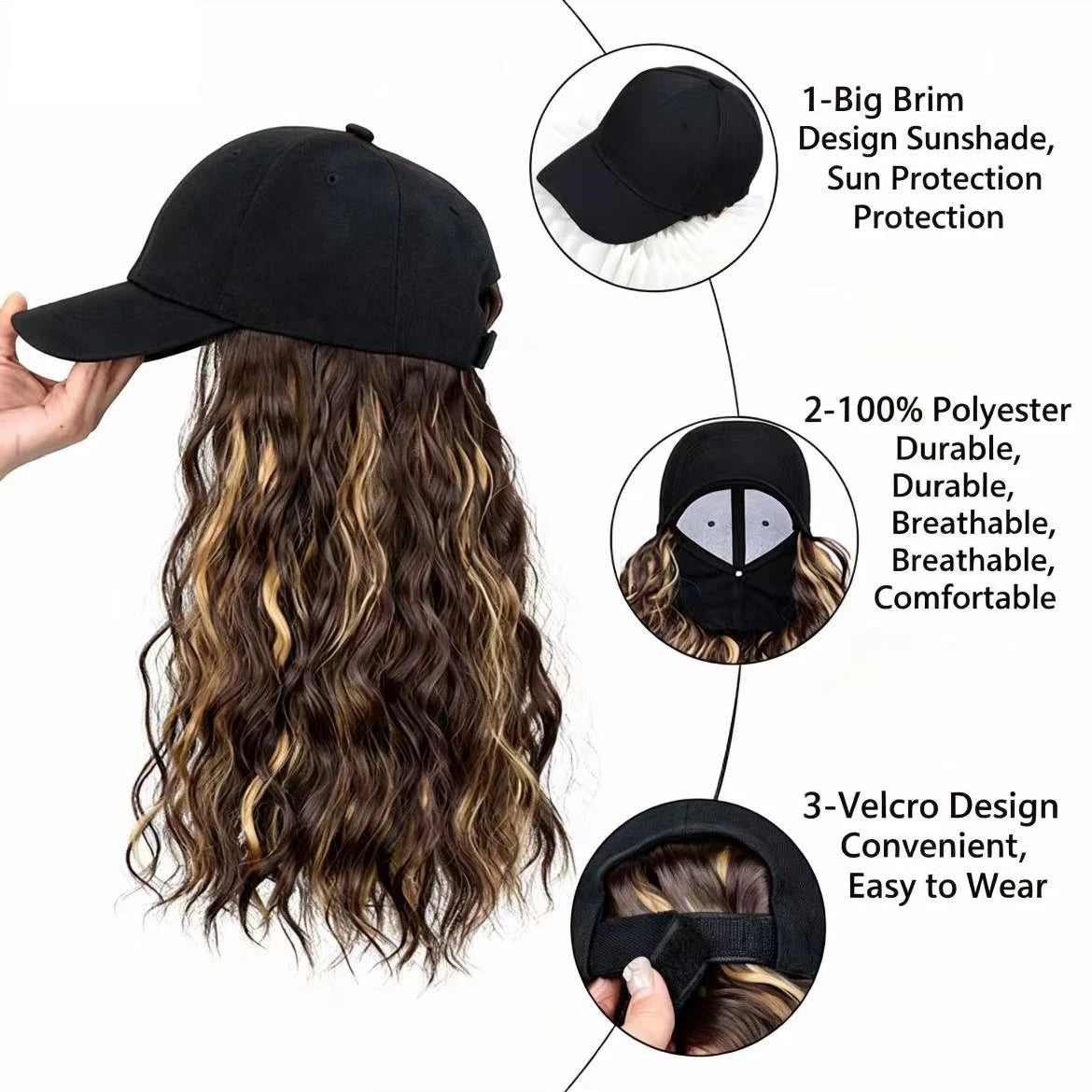 Adjustable Baseball Hat with Curly Hair Extensions - 2