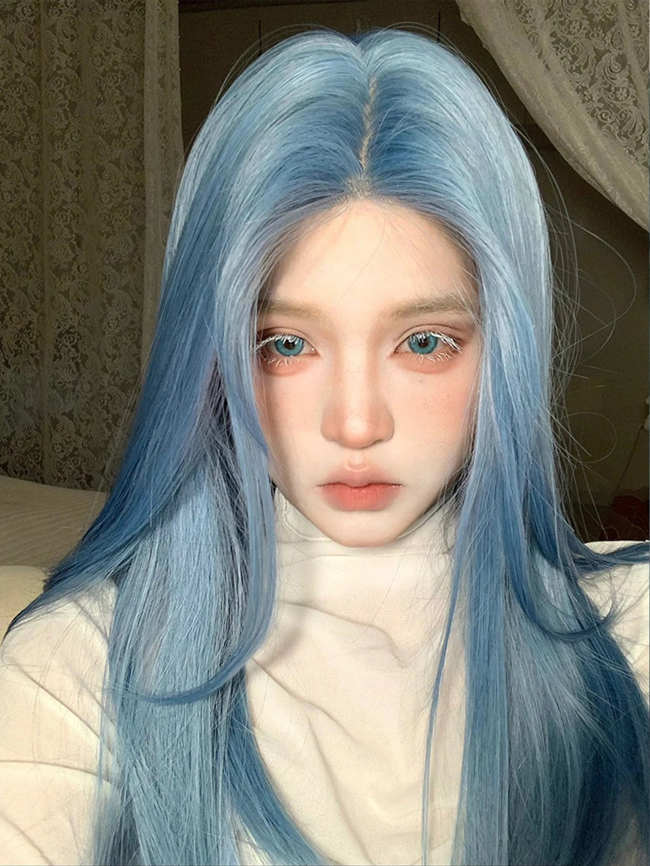 Long Straight Blue Synthetic Cosplay Wig for Halloween and Costume Parties - 7