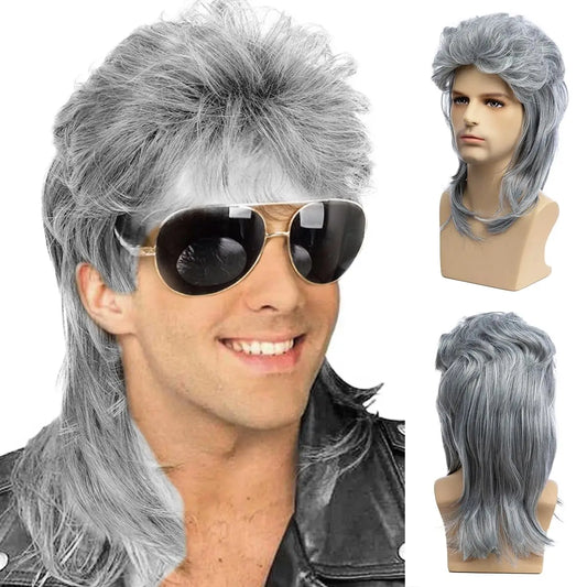 Silver Grey 80s Rocker Mullet Wig for Men