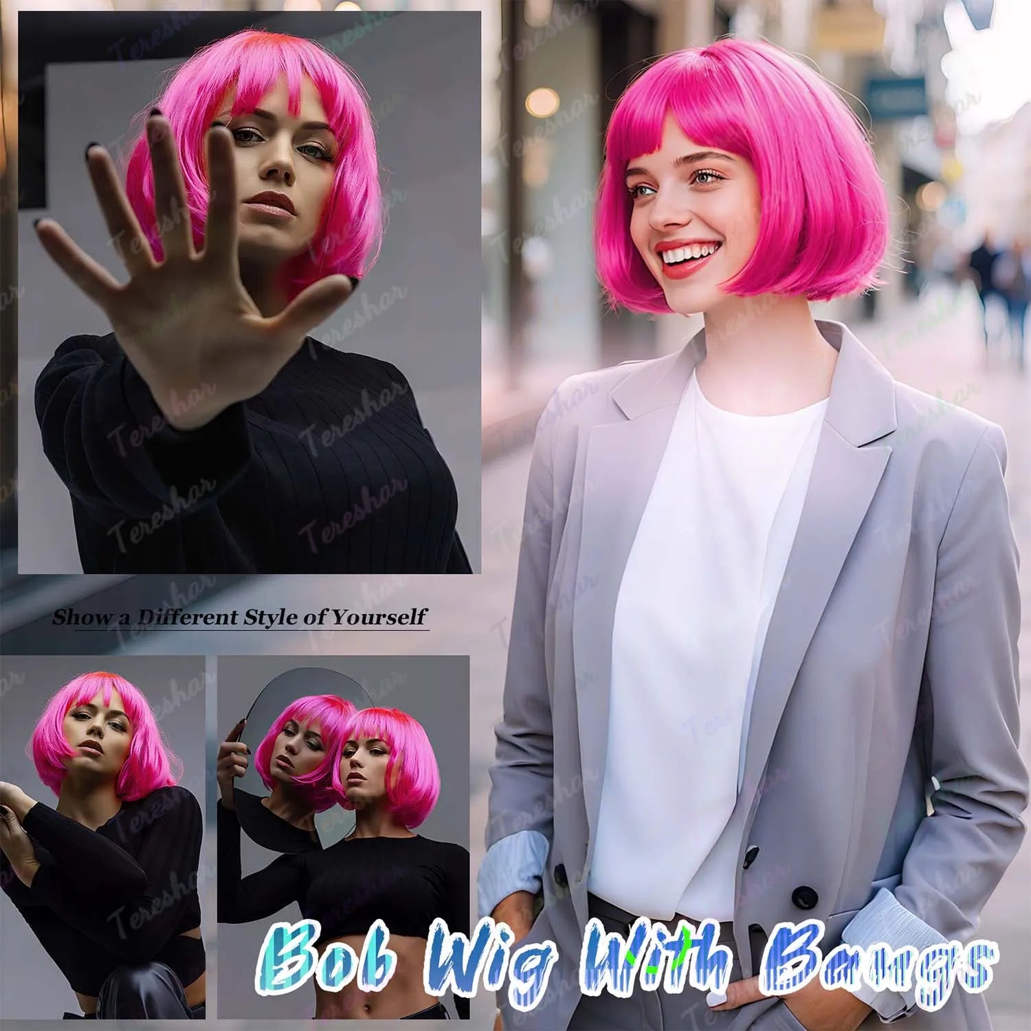 Short Straight Bob Wig with Heart Sunglasses for Parties and Cosplay - 6