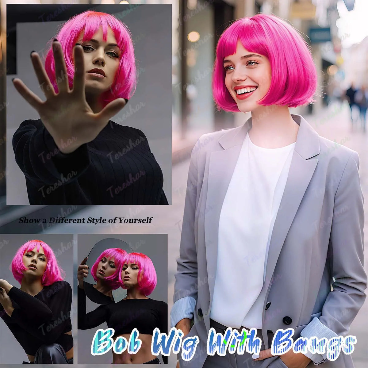 Short Straight Bob Wig with Heart Sunglasses for Parties and Cosplay