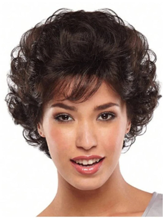 Short Curly Wavy Brown Wig with Bangs for Women