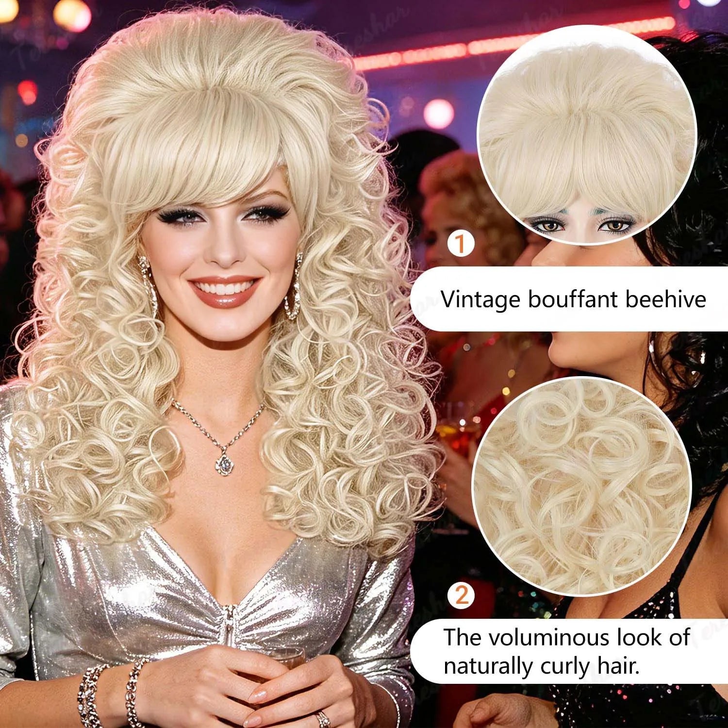 Retro 60s and 70s Voluminous Curly Beehive Costume Wig for Women - 4