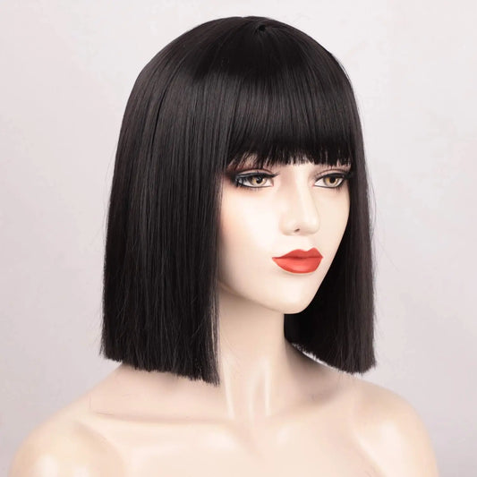 Short Black Bob Wig with Bangs for Daily Use