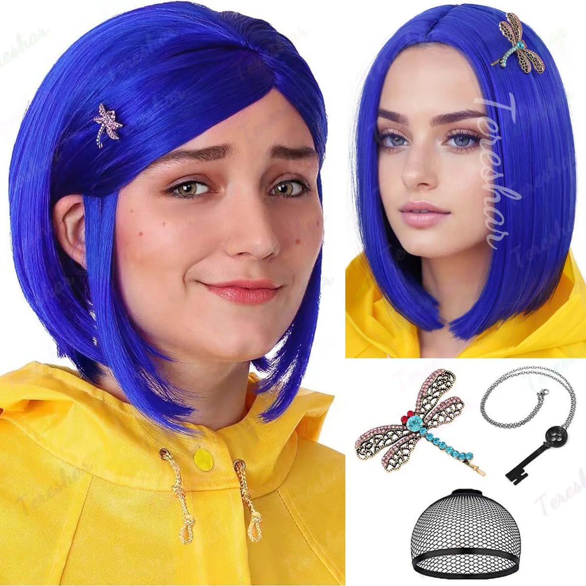 Short Blue Bob Wig with Hairpin and Necklace for Cosplay and Costume