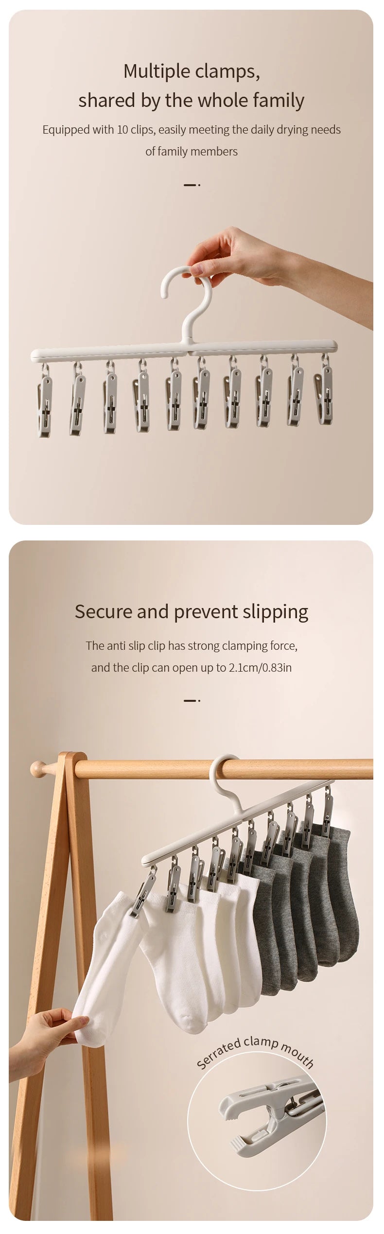 10-Clip Hanging Drying Rack for Socks and Undergarments