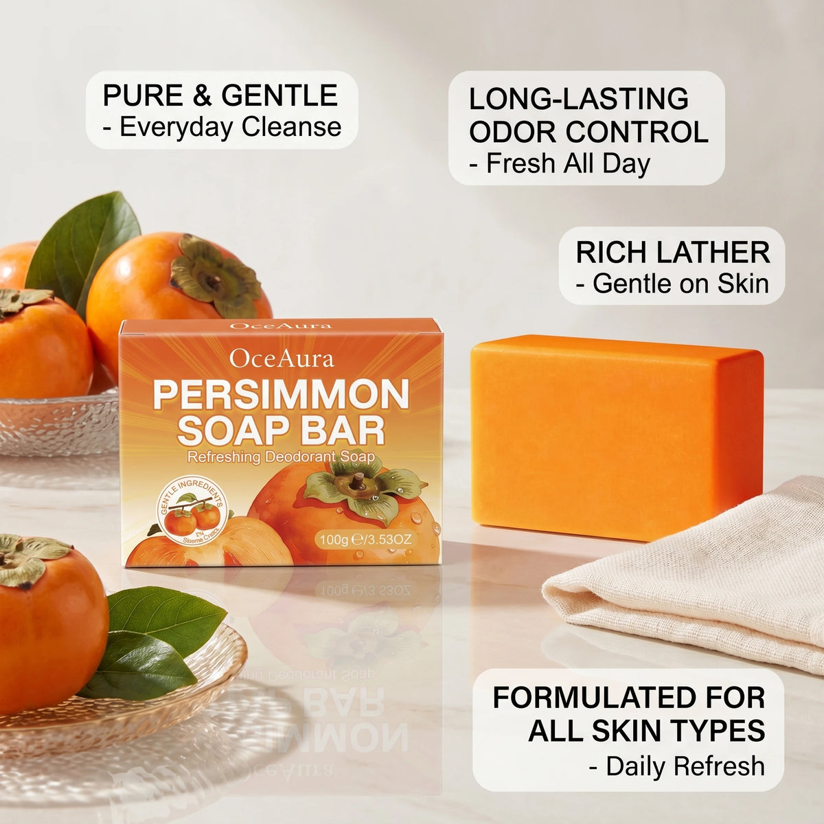 Natural Persimmon Deodorizing Soap Bar for Refreshing Body Odor Control