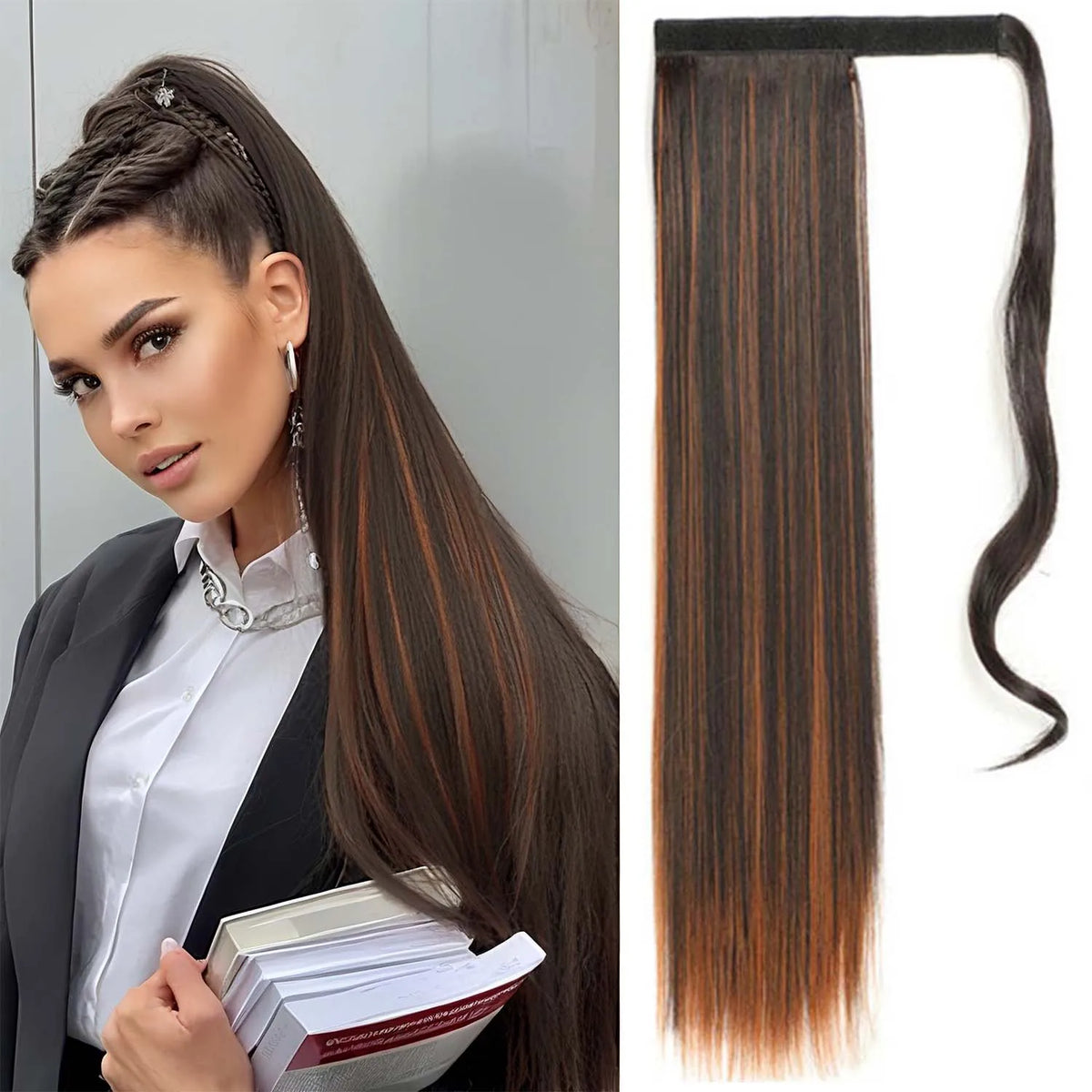 24 Inch Long Straight Wrap Around Ponytail Hair Extension for Women