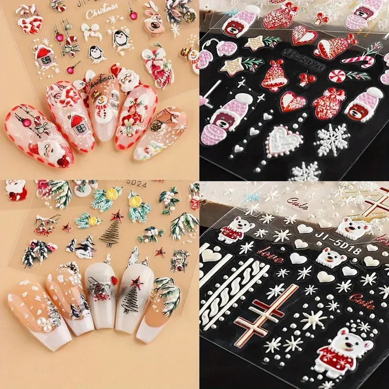 5D Embossed Christmas Nail Art Stickers for Winter Holiday Manicures