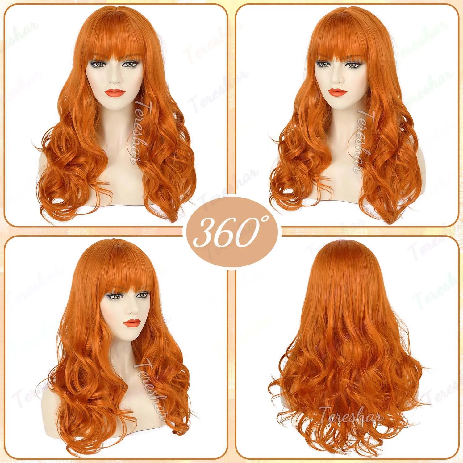 Long Wavy Orange Wig with Bangs for Cosplay and Daily Wear - 2