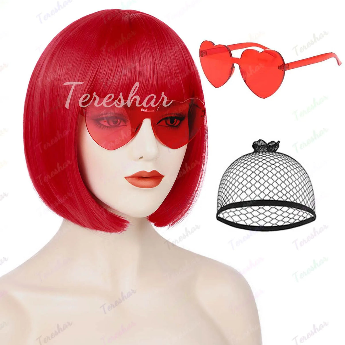 Short Straight Bob Wig with Heart Sunglasses for Parties and Cosplay