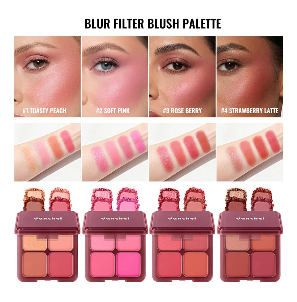 4-Color Matte Blush Palette with Professional Makeup Brush - 8