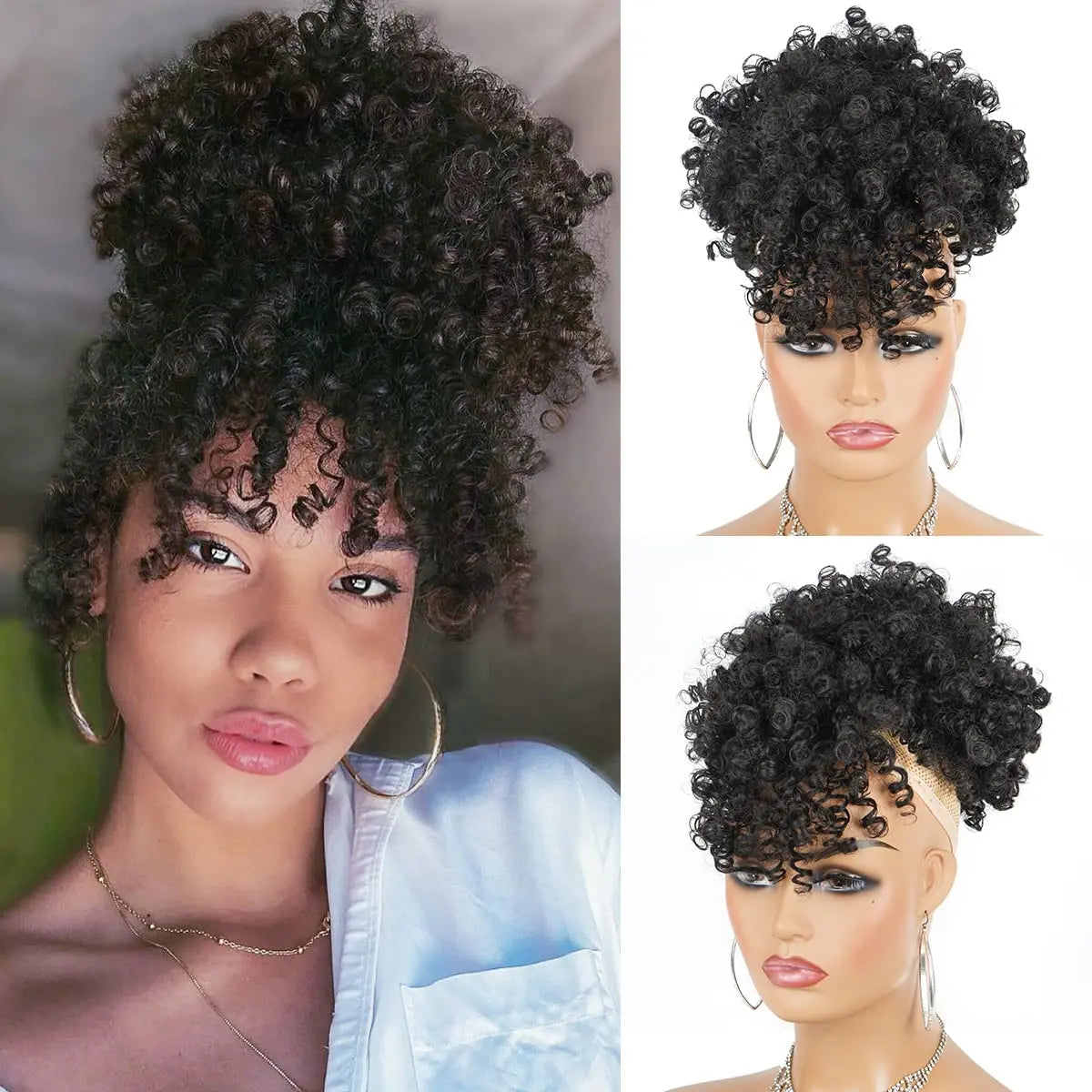 Curly Afro Puff Ponytail Extension with Bangs - 16