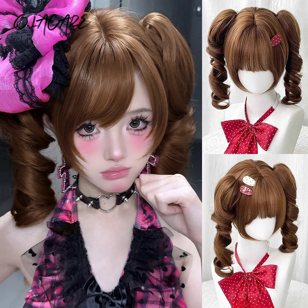 Wavy Brown Cosplay Wig with Curly Pigtails for Costume Parties - 1