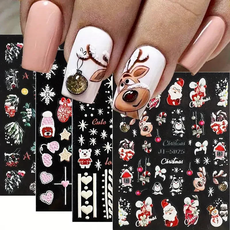 5D Embossed Christmas Nail Art Stickers for Winter Holiday Manicures