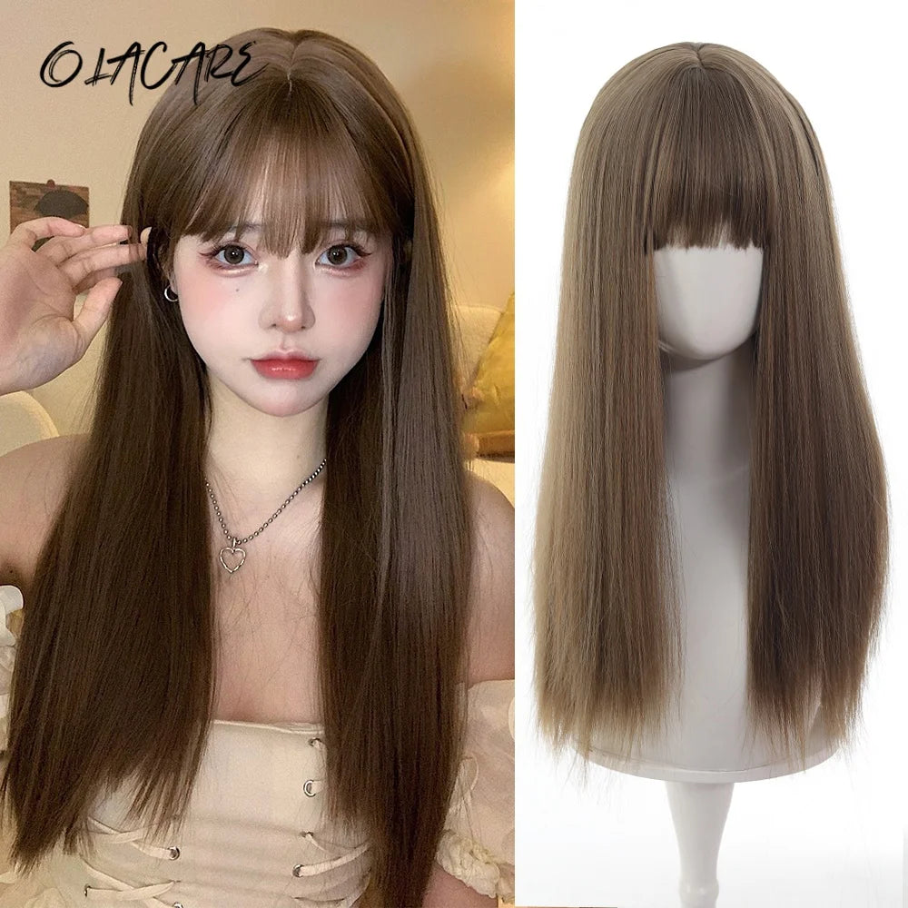24 Inch Long Pink Cosplay Wig with Bangs