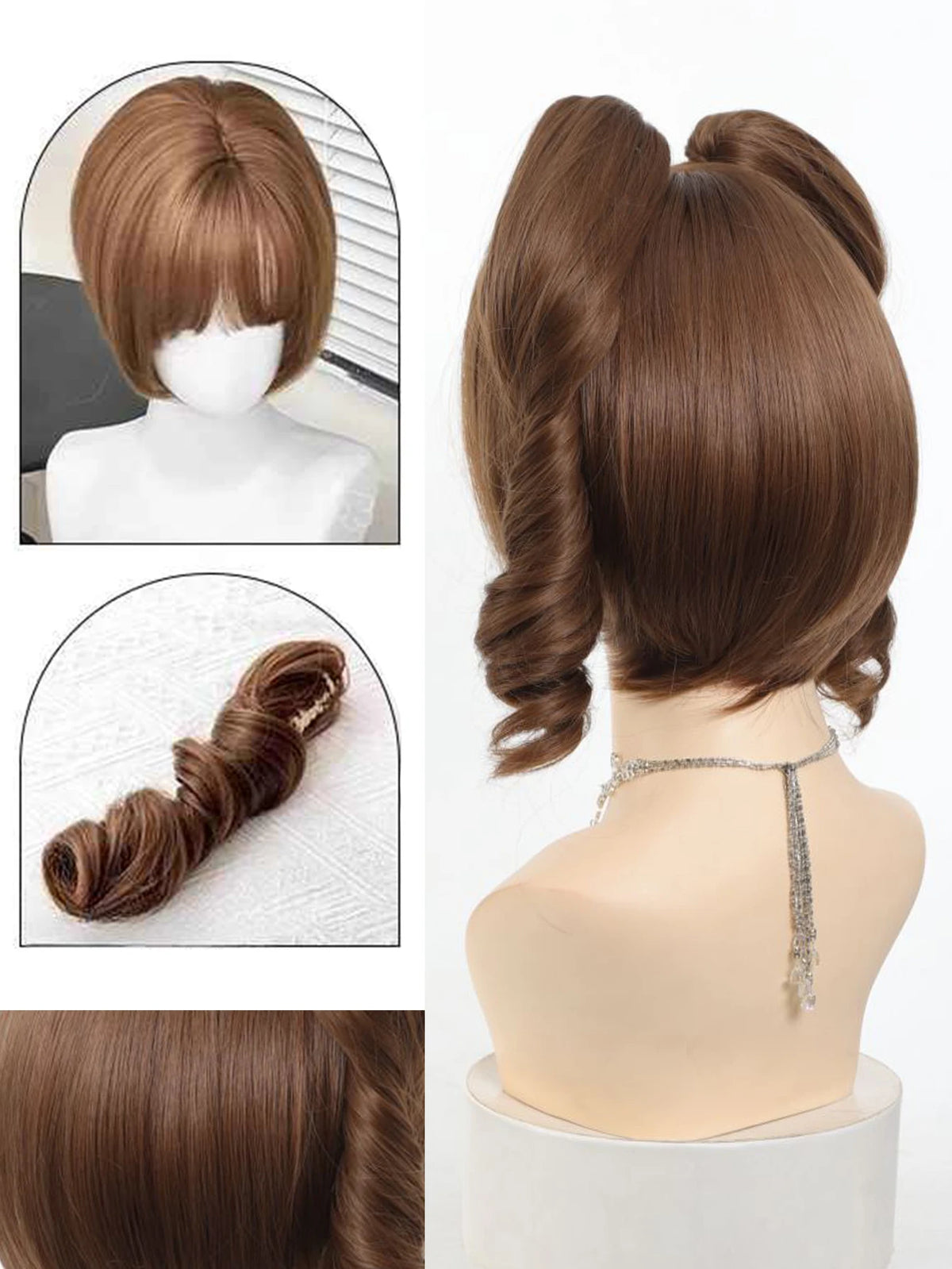 Wavy Brown Cosplay Wig with Curly Pigtails for Costume Parties