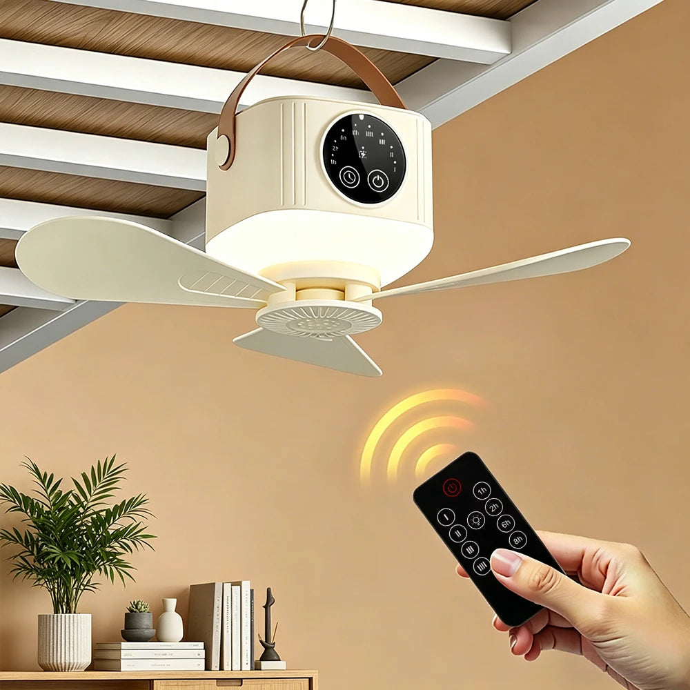 Portable Rechargeable Ceiling Fan with LED Light and Remote Control - 1