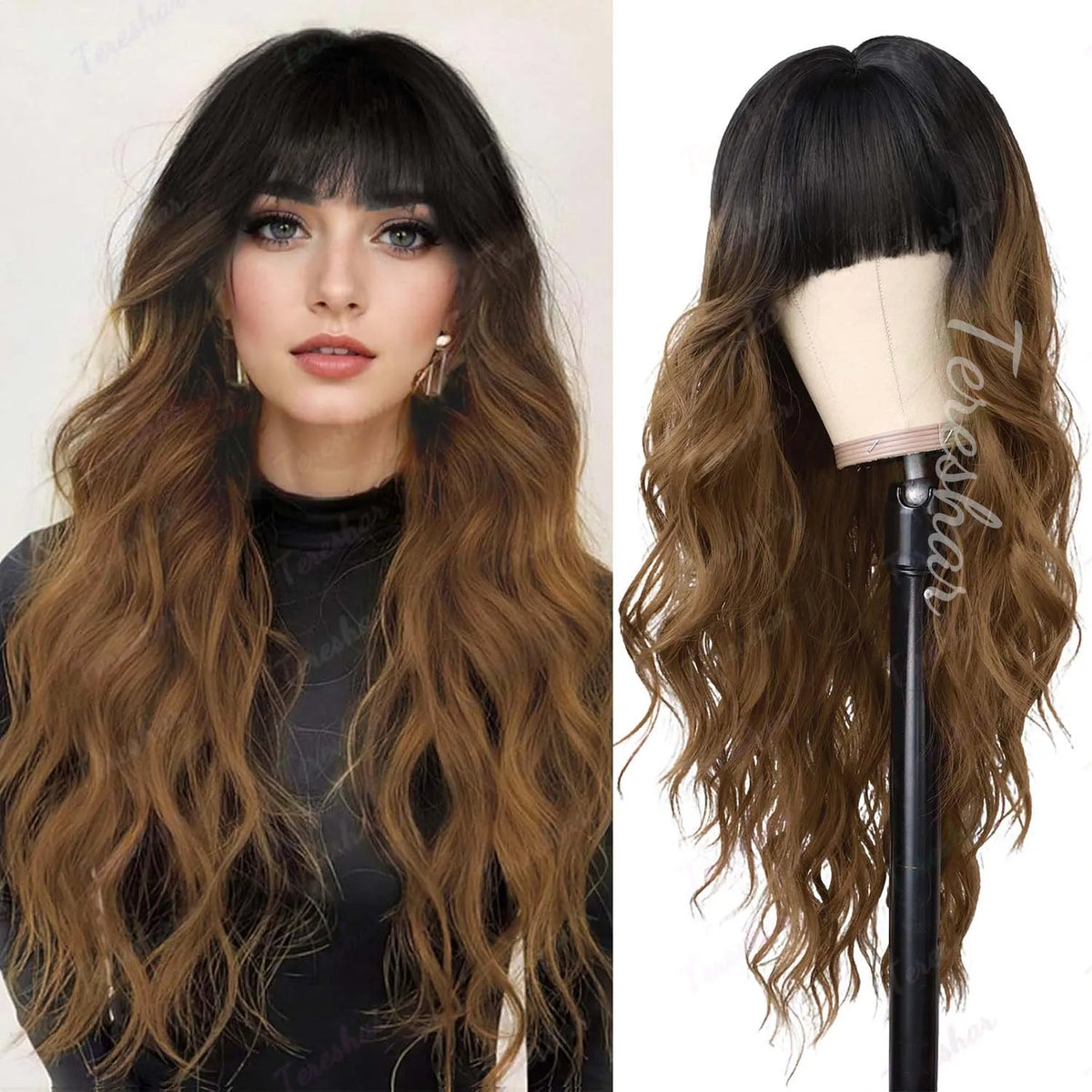 Long Wavy Orange Wig with Bangs for Cosplay and Daily Wear