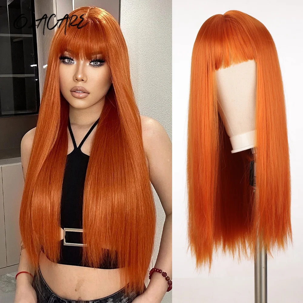 24 Inch Long Pink Cosplay Wig with Bangs