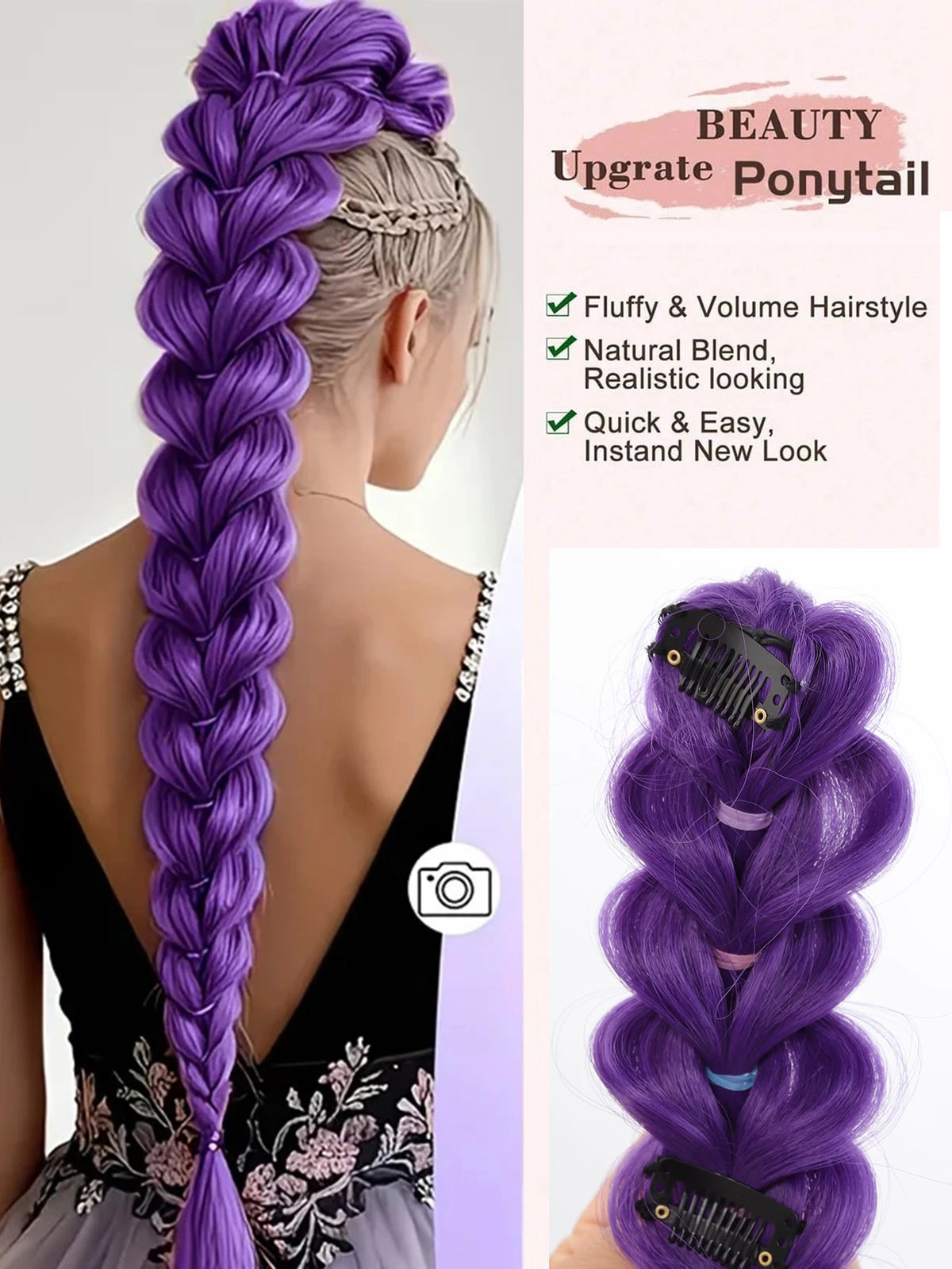 35-Inch Long Braided Purple Ponytail Extension for Costumes