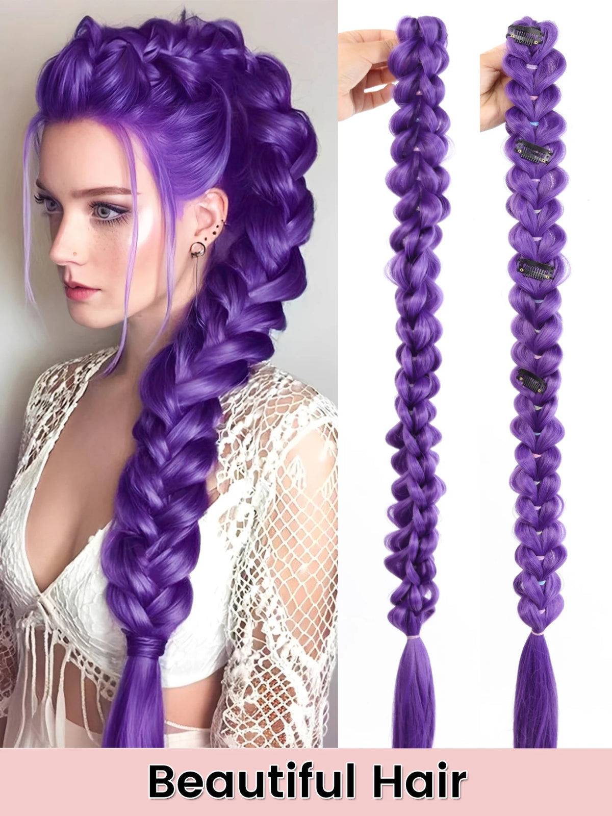 35-Inch Long Braided Purple Ponytail Extension for Costumes