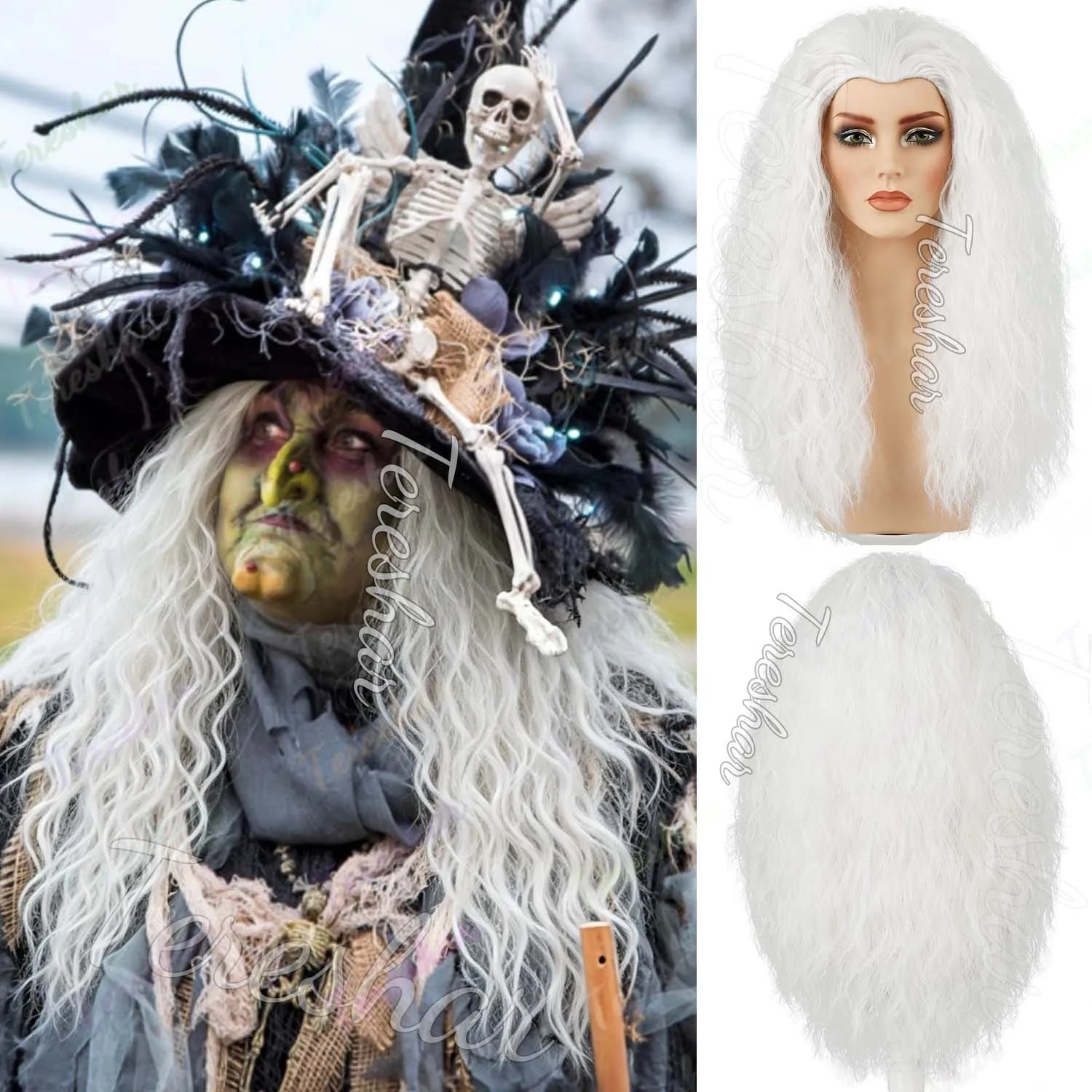 Long Curly Grey Witch Costume Wig for Halloween and Cosplay Parties - 15
