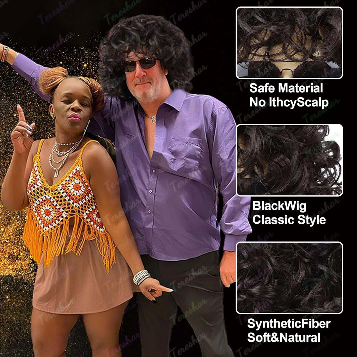 80s Rocker Curly Wig Set with Mustache Glasses and Gold Chain for Men