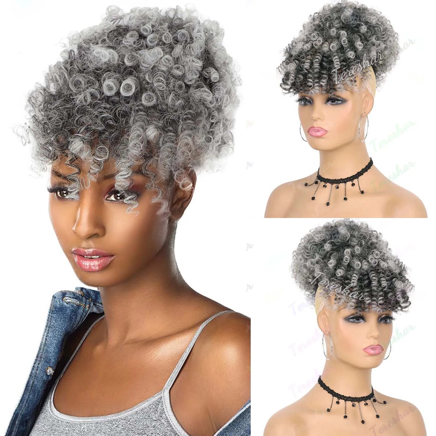 Kinky Curly Afro Puff Ponytail Extension with Bangs for Women - 13
