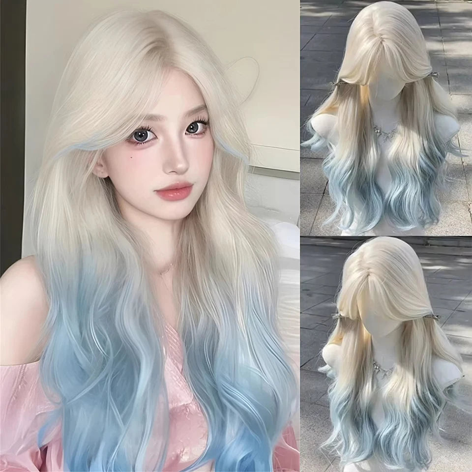 Long Wavy Silver Gray Cosplay Wig with Bangs for Women