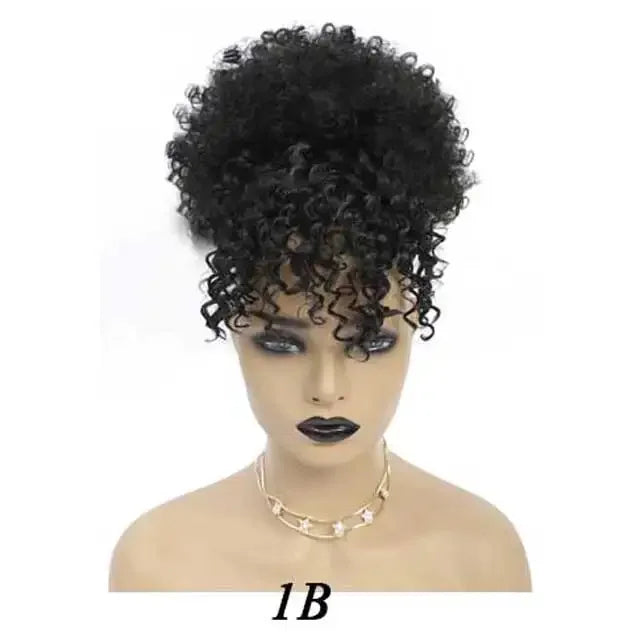Kinky Curly Afro Puff Drawstring Ponytail with Bangs for Women
