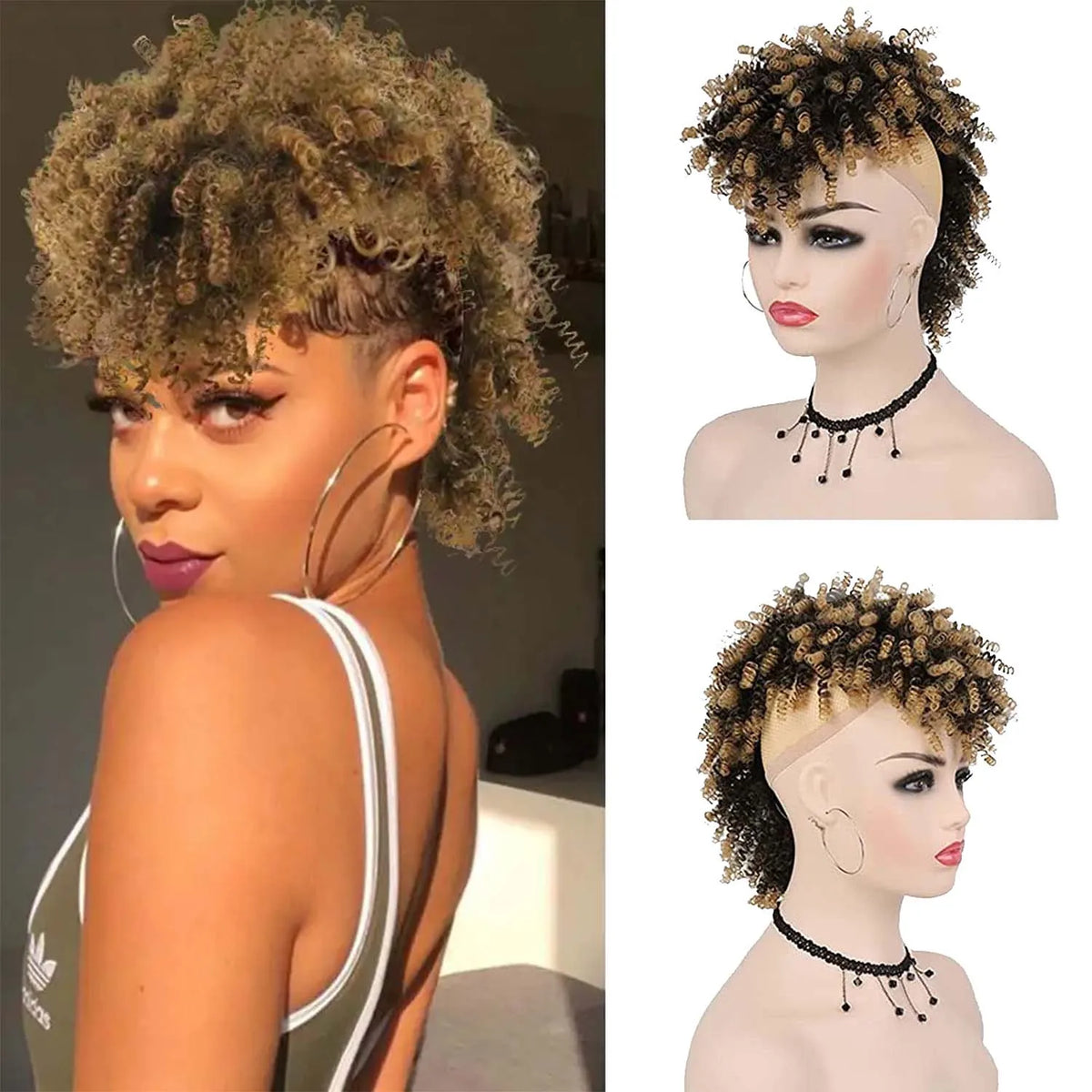 Short Afro Kinky Curly Synthetic Ponytail with Bangs for Daily Hair Styling