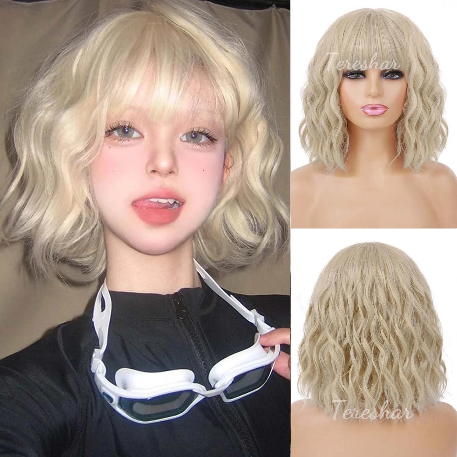 Short Wavy White Wig with Bangs for Cosplay and Daily Wear - 10